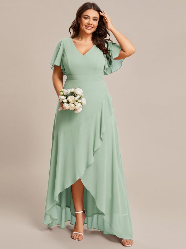 Plus Size Elegant Lotus Sleeves Chiffon Bridesmaid Dress - Mint Green