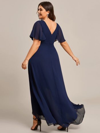 Plus Size Elegant Lotus Sleeves Chiffon Bridesmaid Dress - Navy Blue