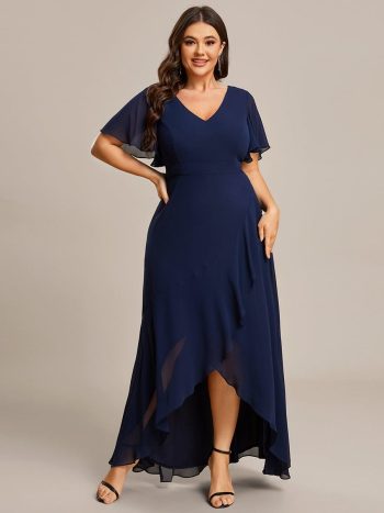 Plus Size Elegant Lotus Sleeves Chiffon Bridesmaid Dress - Navy Blue