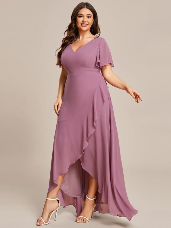 Plus Size Elegant Lotus Sleeves Chiffon Bridesmaid Dress - Purple Orchid