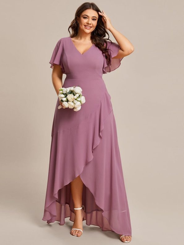 Plus Size Elegant Lotus Sleeves Chiffon Bridesmaid Dress - Purple Orchid