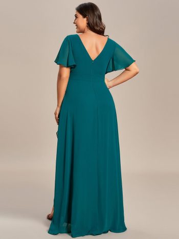 Plus Size Elegant Lotus Sleeves Chiffon Bridesmaid Dress - Teal