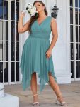 Plus Size Double V Neck Ruched-Waist Midi Chiffon Bridesmaid Dress – Dusty Blue