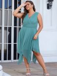 Plus Size Double V Neck Ruched-Waist Midi Chiffon Bridesmaid Dress – Dusty Blue