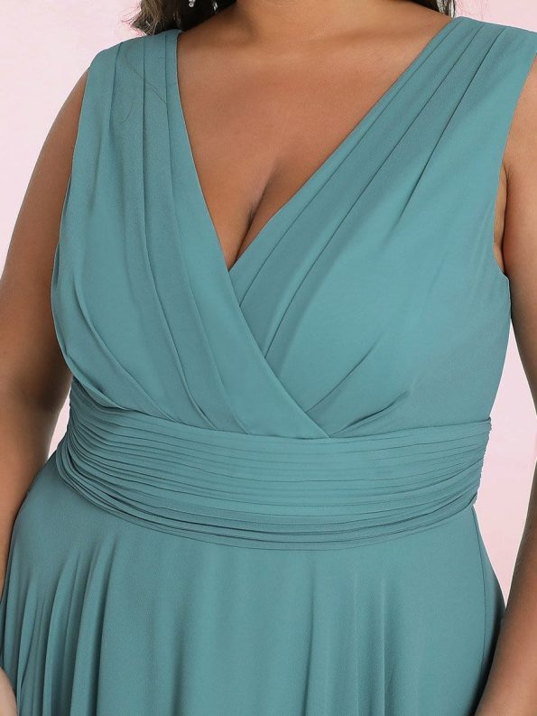 Plus Size Double V Neck Ruched-Waist Midi Chiffon Bridesmaid Dress - Dusty Blue