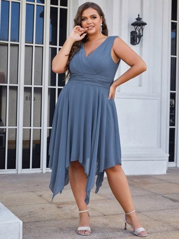 Plus Size Double V Neck Ruched-Waist Midi Chiffon Bridesmaid Dress - Dusty Navy