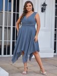 Plus Size Double V Neck Ruched-Waist Midi Chiffon Bridesmaid Dress – Dusty Navy