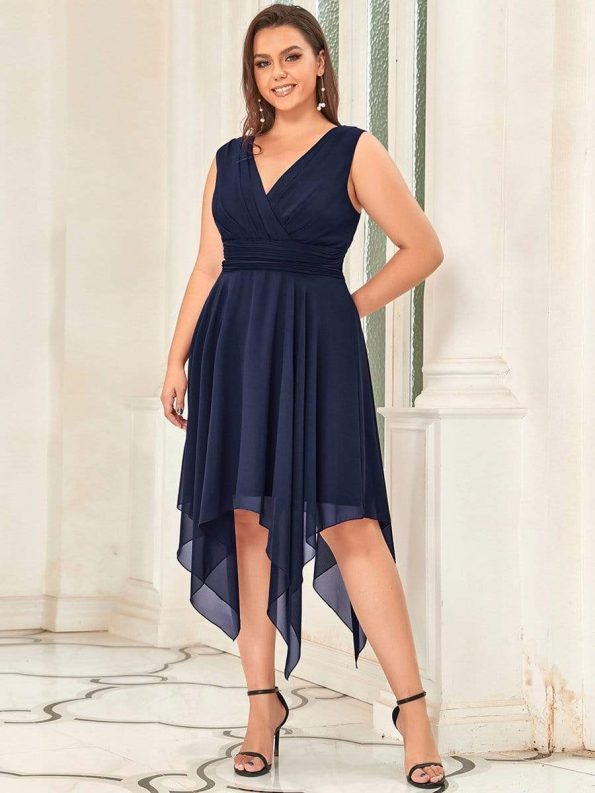 Plus Size Double V Neck Ruched-Waist Midi Chiffon Bridesmaid Dress - Navy Blue