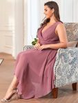 Plus Size Double V Neck Ruched-Waist Midi Chiffon Bridesmaid Dress – Purple Orchid