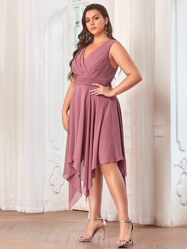 Plus Size Double V Neck Ruched-Waist Midi Chiffon Bridesmaid Dress - Purple Orchid