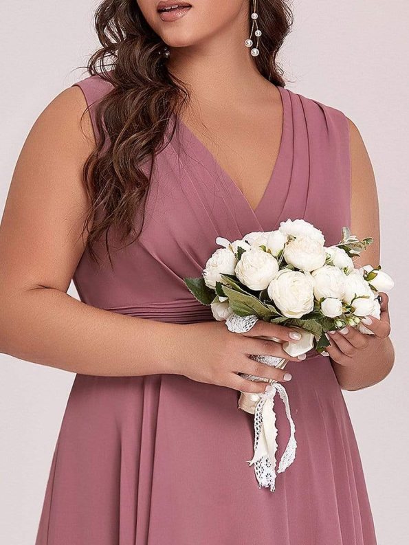 Plus Size Double V Neck Ruched-Waist Midi Chiffon Bridesmaid Dress - Purple Orchid