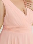 Plus Size Double V Neck Ruched-Waist Midi Chiffon Bridesmaid Dress – Pink