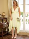 Plus Size Double V Neck Ruched-Waist Midi Chiffon Bridesmaid Dress – Yellow