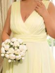 Plus Size Double V Neck Ruched-Waist Midi Chiffon Bridesmaid Dress – Yellow