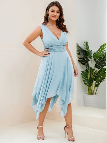 Plus Size Double V Neck Ruched-Waist Midi Chiffon Bridesmaid Dress - Sky Blue