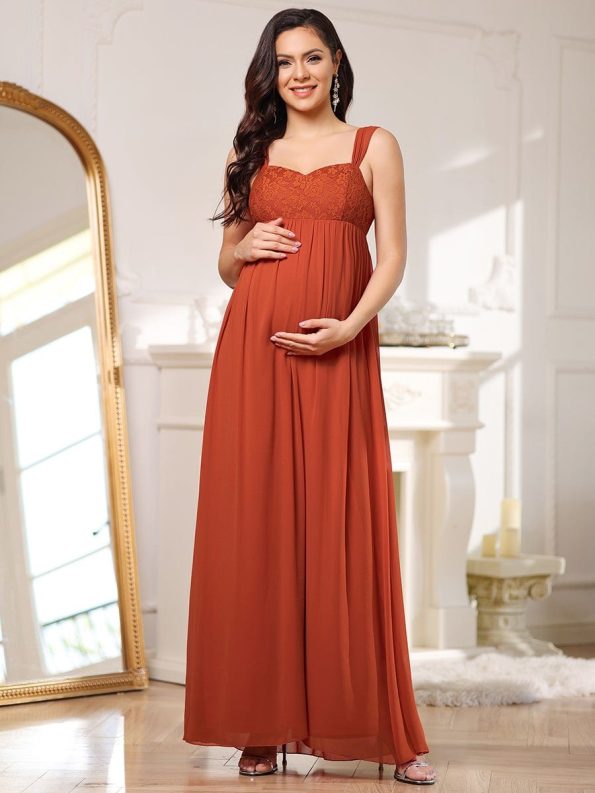 Empire Waist Floral Lace Chiffon Maternity Dress - Burnt Orange