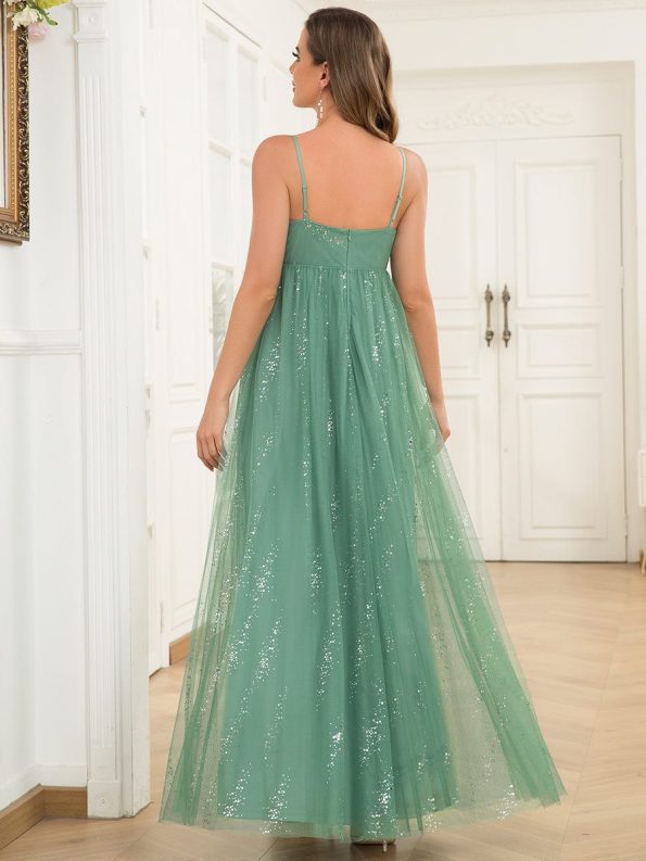 Spaghetti Strap V-Neck Empire Waist Sparkling Maternity Dress - Green Bean