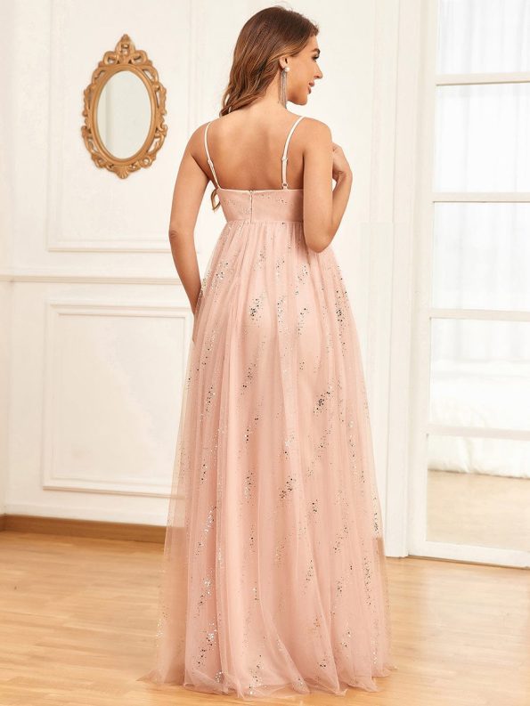 Spaghetti Strap V-Neck Empire Waist Sparkling Maternity Dress - Pink