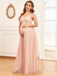 Spaghetti Strap V-Neck Empire Waist Sparkling Maternity Dress – Pink