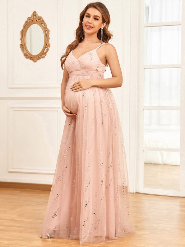 Spaghetti Strap V-Neck Empire Waist Sparkling Maternity Dress - Pink