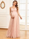 Spaghetti Strap V-Neck Empire Waist Sparkling Maternity Dress – Pink