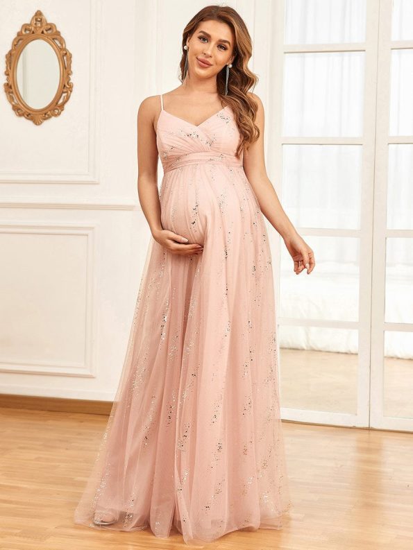 Spaghetti Strap V-Neck Empire Waist Sparkling Maternity Dress - Pink