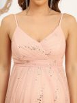 Spaghetti Strap V-Neck Empire Waist Sparkling Maternity Dress – Pink