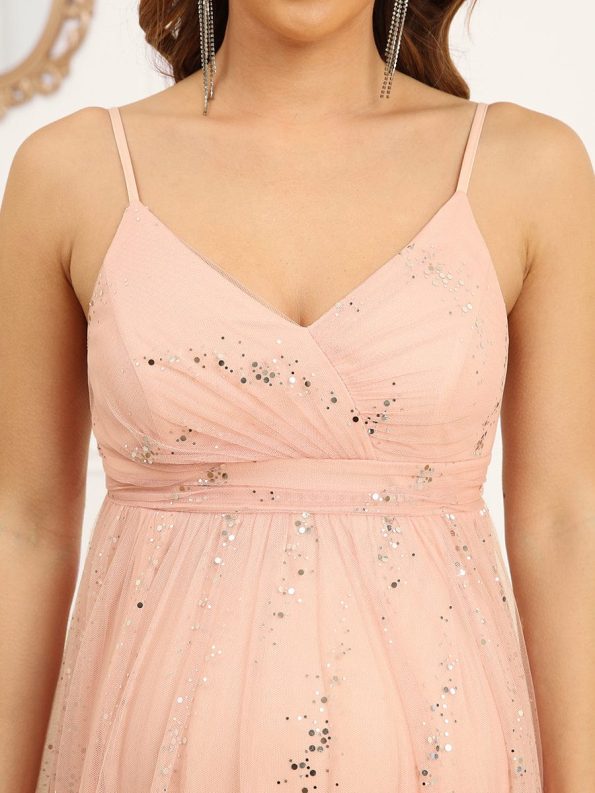 Spaghetti Strap V-Neck Empire Waist Sparkling Maternity Dress - Pink