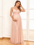 Spaghetti Strap V-Neck Empire Waist Sparkling Maternity Dress – Pink