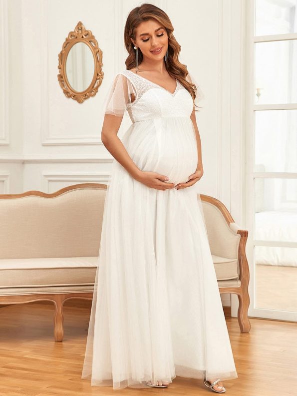 Sequin Sweetheart Sheer Flutter Sleeve Tulle Empire Waist Maternity Dress - White