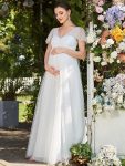 Sequin Sweetheart Sheer Flutter Sleeve Tulle Empire Waist Maternity Dress – White