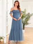 Tulle Draped Cold Shoulder Tiered Pleated Maternity Dress - Dusty Navy