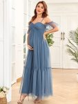 Tulle Draped Cold Shoulder Tiered Pleated Maternity Dress – Dusty Navy