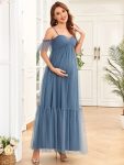 Tulle Draped Cold Shoulder Tiered Pleated Maternity Dress – Dusty Navy