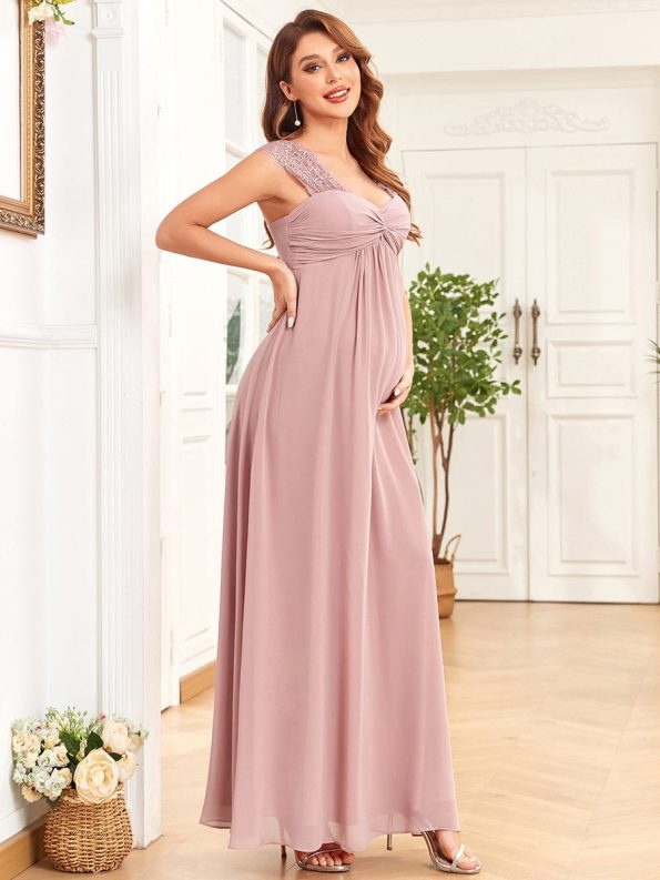 Chiffon Sleeveless Lace Ruched Floor-Length Maternity Dress - Dusty Rose