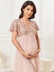 Sequin Short Sleeve Empire Waist Pleated Tulle Maternity Dress – Rose Gold