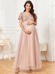 Sequin Short Sleeve Empire Waist Pleated Tulle Maternity Dress – Rose Gold