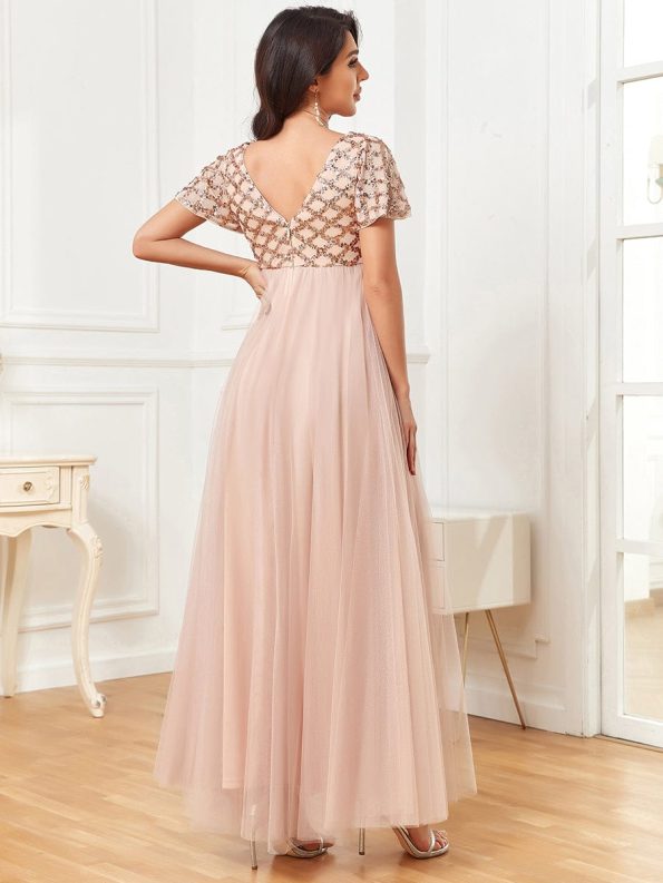 Sequin Short Sleeve Empire Waist Pleated Tulle Maternity Dress - Rose Gold