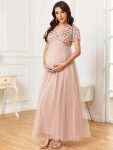 Sequin Short Sleeve Empire Waist Pleated Tulle Maternity Dress – Rose Gold