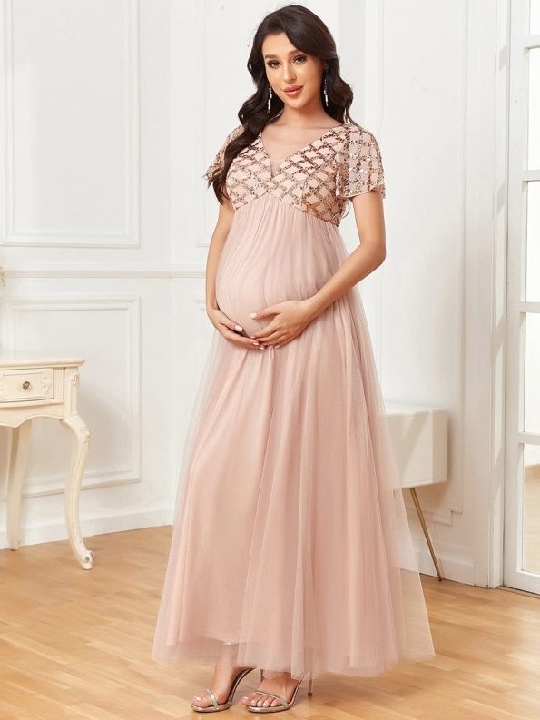 Sequin Short Sleeve Empire Waist Pleated Tulle Maternity Dress - Rose Gold