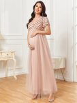 Sequin Short Sleeve Empire Waist Pleated Tulle Maternity Dress – Rose Gold