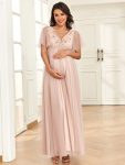 Short Sleeve V-Neck Sequin Tulle A-Line Maternity Dress - Rose Gold