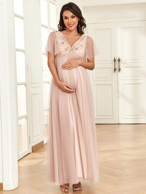 Short Sleeve V-Neck Sequin Tulle A-Line Maternity Dress - Rose Gold