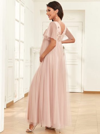 Short Sleeve V-Neck Sequin Tulle A-Line Maternity Dress - Rose Gold