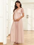 Short Sleeve V-Neck Sequin Tulle A-Line Maternity Dress – Rose Gold