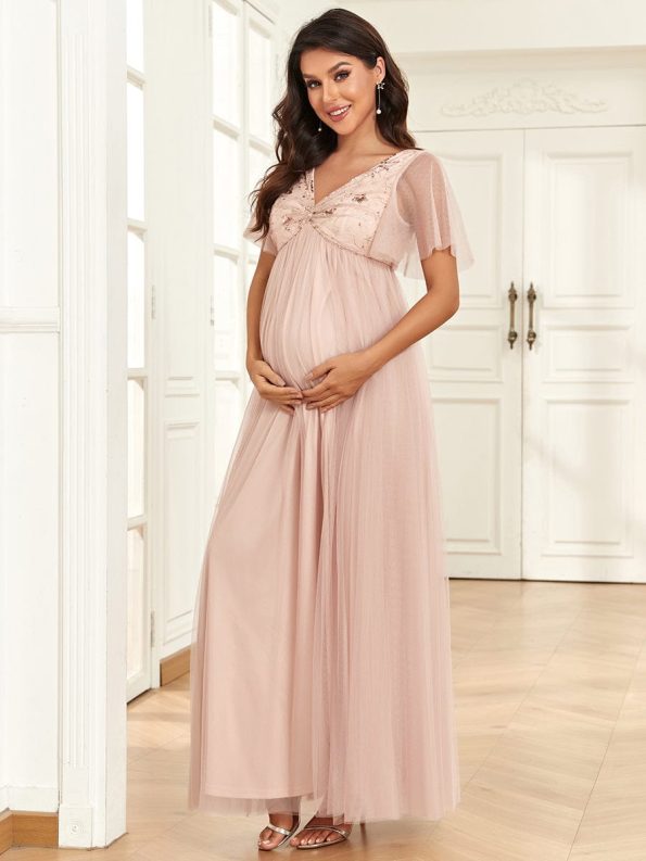 Short Sleeve V-Neck Sequin Tulle A-Line Maternity Dress - Rose Gold