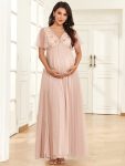 Short Sleeve V-Neck Sequin Tulle A-Line Maternity Dress – Rose Gold