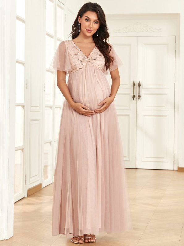 Short Sleeve V-Neck Sequin Tulle A-Line Maternity Dress - Rose Gold