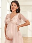 Short Sleeve V-Neck Sequin Tulle A-Line Maternity Dress – Rose Gold