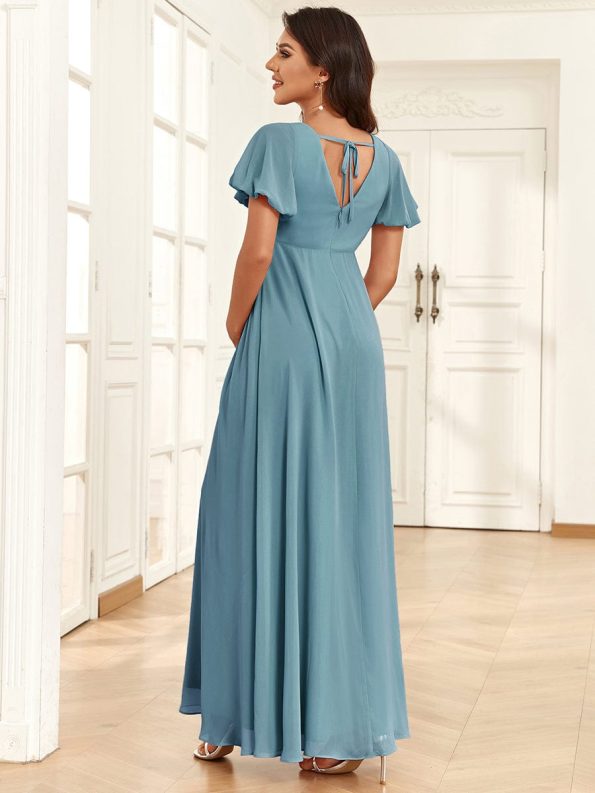 Chiffon Pleated V-Neck Tie-Back A-Line Maternity Dress - Dusty Blue